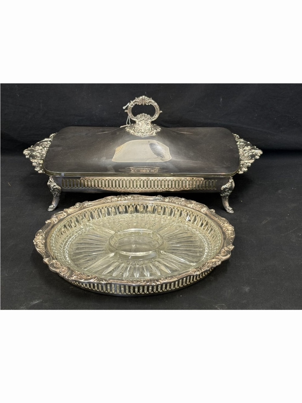 Silver-Tone Decorative Covered Dish and Glass Insert - Elegant Serving Set